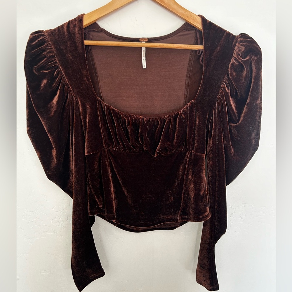 Free People Hold Me Puff Sleeve Brown Velvet Top